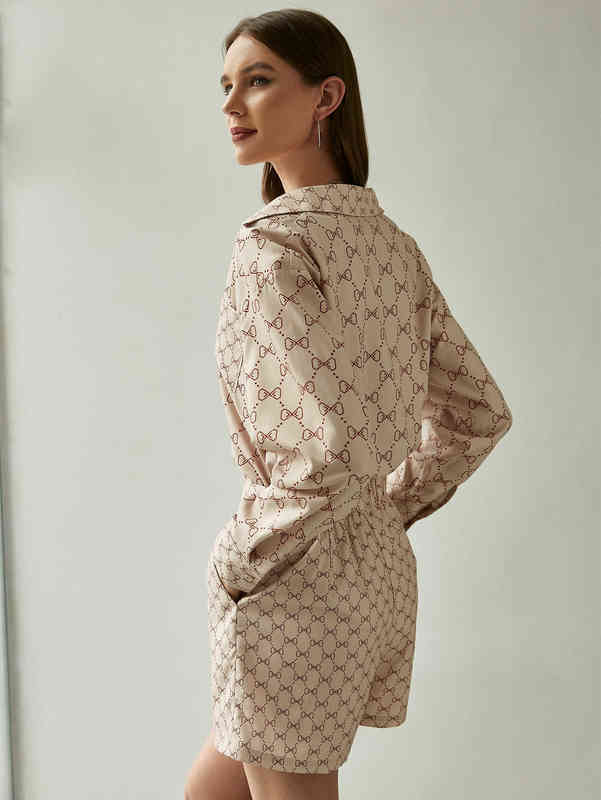 women's Women's Tracksuits two piece set satin silk printed long sleeves V-neck summer dress High Waist Shorts casual shirt 2022