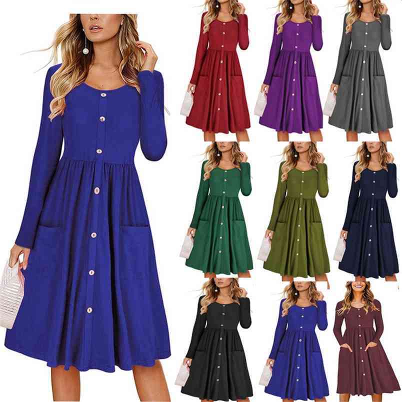 Women's Autumn Solid Color Round Neck Long Sleeve Bow Button Dress Temperament Office Worker Celebrity Style Plus Size 210522