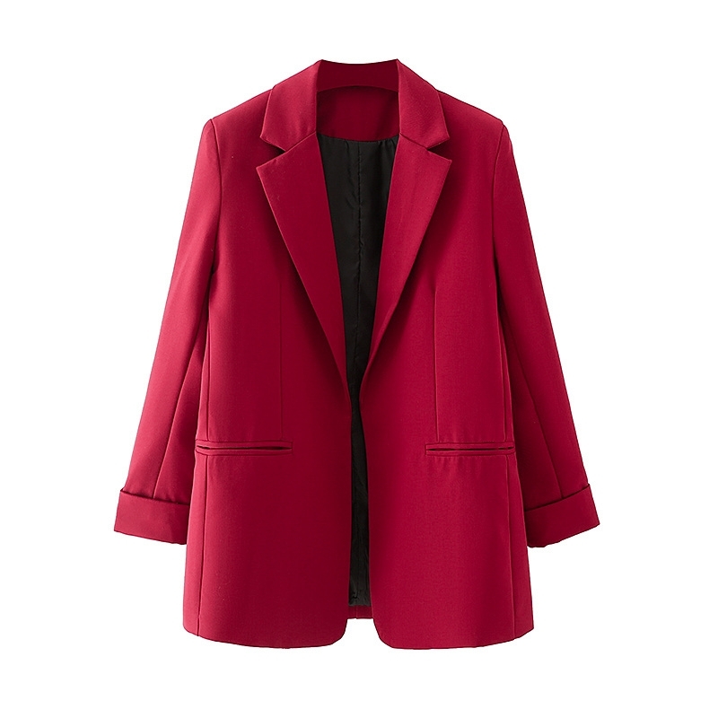 Elegant Women Chic Solid Red Blazer Fashion Ladies Pocket Jacket Streetwear Female Causal Notched Collar Cardigan 210430