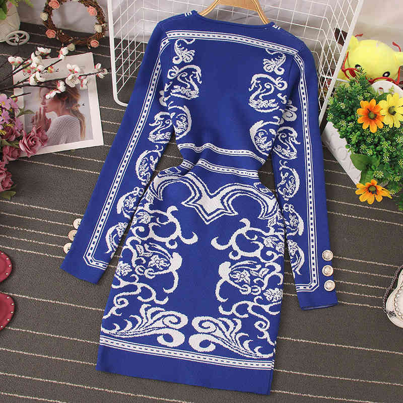 Fashion Sweater Dress Women Spring Autumn Stretch Knitted Dresses Boho Print Casual Slim Long Sleeve Bodycon Vestidos 210519