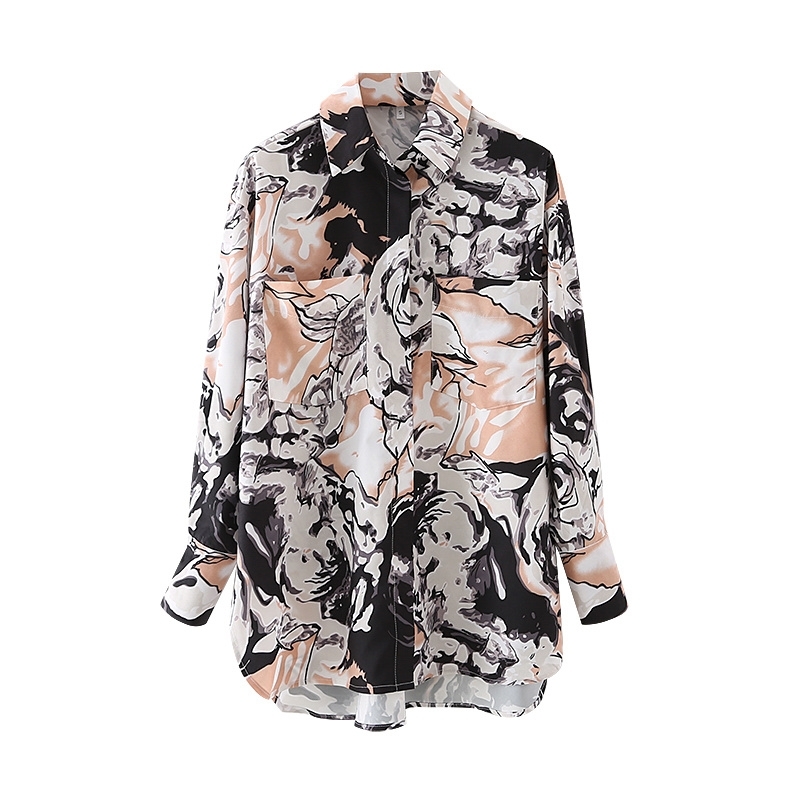 Streetwear Women Abstract Print Shirts Fashion Ladies Turn Down Collar Tops Causal Female Chic Pocket Long Blouses 210430