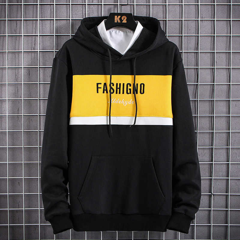 Fashioin Striped Hooded Hoodies Men Embroidery Fashigno Streetwear Sweatshrits Pullover Male Long Sleeve Autumn Yellow Black Top 210601