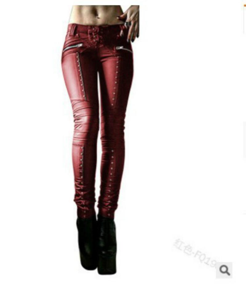 Women's Retro Pu Pants Leather Steampunk Rivet Zipper Pencil Gothic Tight Street Style Autumn Casual Women & Capris