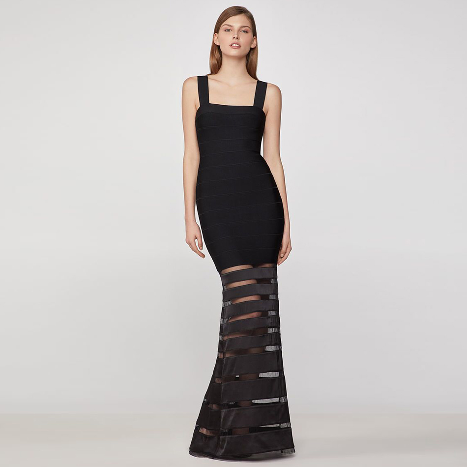 Summer Women Black Spaghetti Strap Rayon Bandage Club Dress Sexy Lace Hollow Out Celebrity Evening Maxi Dresses 210423