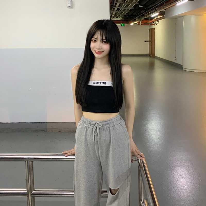 Asia White Letter Sexy Korea Hollow Out Korean Women Cotton Big Bust Tank Tops Slim Short Mini Top Summer 2D8R 210603