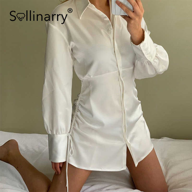 Sollinarry Sexy shirt single breasted white dress High street shirring fashion dress Bubble long sleeves woman dresses 210709