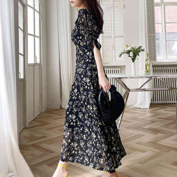 Korean Chic Retro Boho Dress Summer Sweet Floral Print Women's Ruched V-Neck Chiffon Long Dresses Vestidos 210519