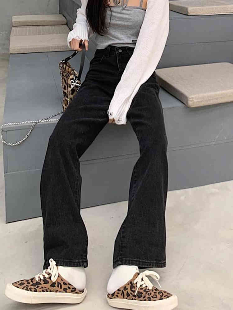 Black Jeans Trousers Women Chic Streetwear High Wide Leg Casual Pants Slim Vintage Denim Women Spring Korean Jeans Female 210521