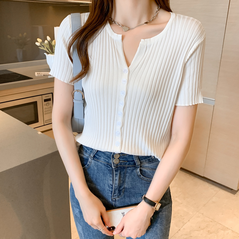 Summer Knitted V-neck Cardigan Knitwear Women Short Sleeve Single Breasted Tops Sweater Solid Korean Fashion Jumpers Femme 210514