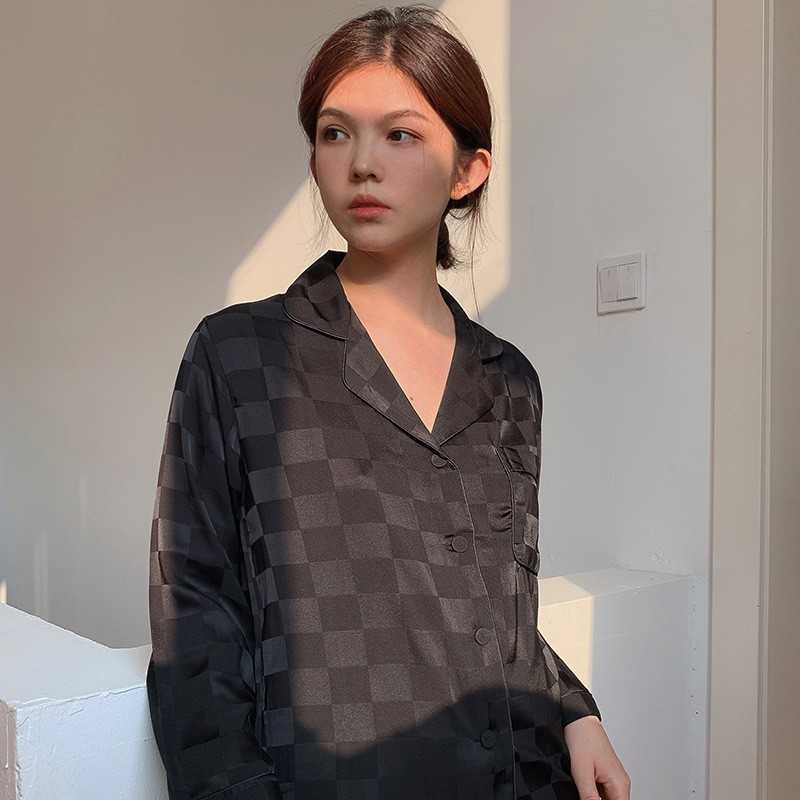 Women Satin Plaid Sleepwear Pajamas Casual Nightwear Lounge Wear Soft Intimate Lingerie Pyjamas 2PCS Shirt&Pants Q0706
