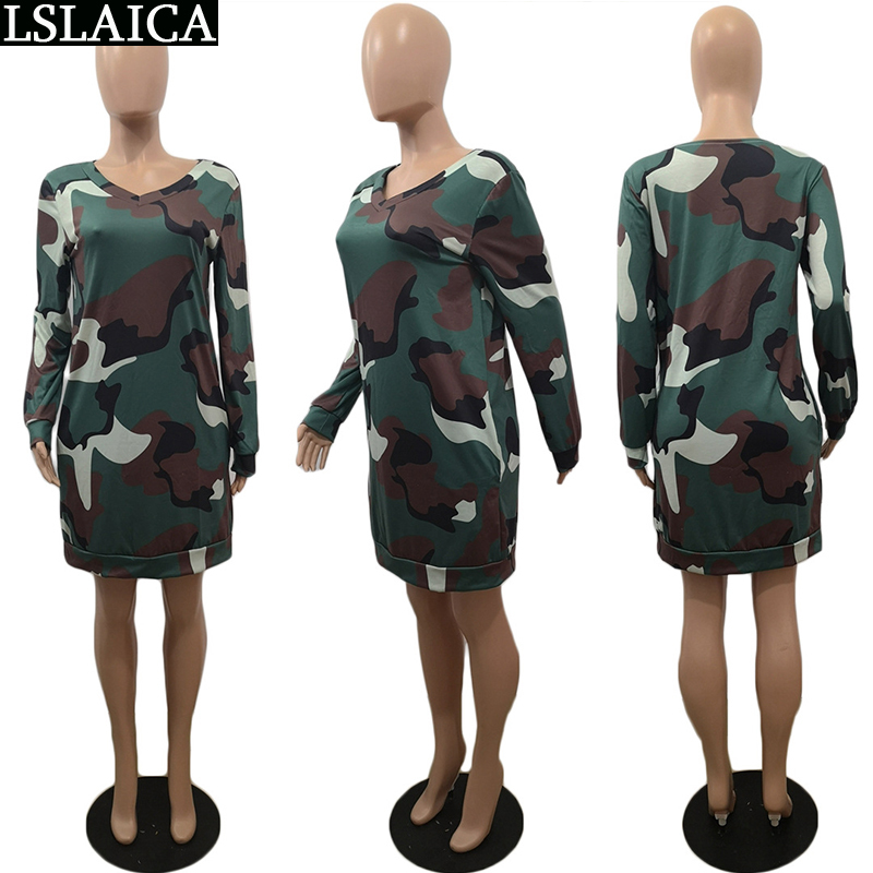 Dresses For Women Autumn Camouflage Print Long Sleeve V Neck Fashion Pocket Female Mini Dress Vestidos Casuales Ropa Femenina 210515