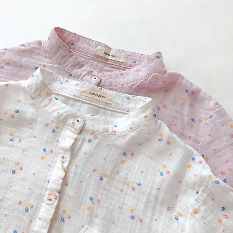 Summer Arts Style Women Short Sleeve Stand Collar Loose Shirts 100% Cotton Print Casual Blouse Tops Femme Blusas M79 210512