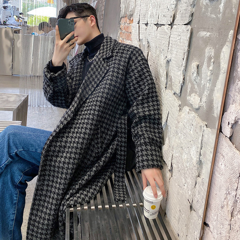 IEFB Men's Autumn Witner Woolen Coat Bright Silk Long Sleeve Black Plaid Mid Length Notched Collar Long Clothes With Belt 9Y4711 210524