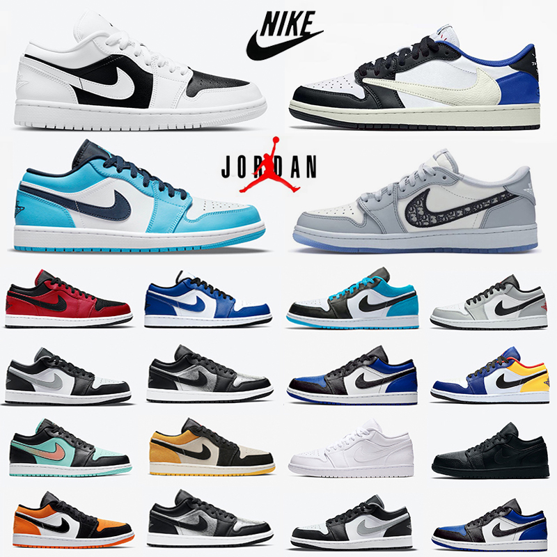 Nike air jordan 1 retro 1s low mens basketball shoes Travis Scott x Fragment Shadow UNC University Blue Panda Tropical Twist Toe men women trainers sports sneakers, Box