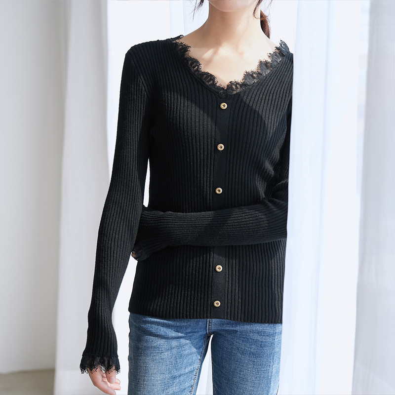 Autumn Winter Fashion Lace V-neck Slim Knit Women Sweater Long Sleeve Dark Stripes Clothes Solid Pullovers 6458 50 210510