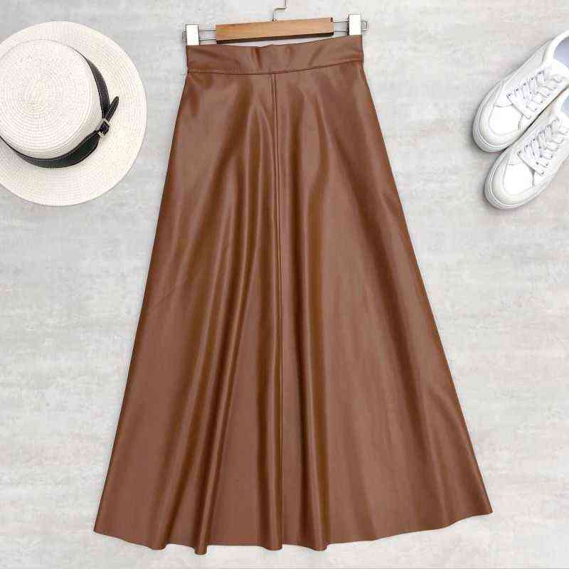 Neophil 80cm Pockets Winter Women Pu Faux Leather Skirts High Waist Elastic Latex Female Chic Flare Long Skirt S21847 211119