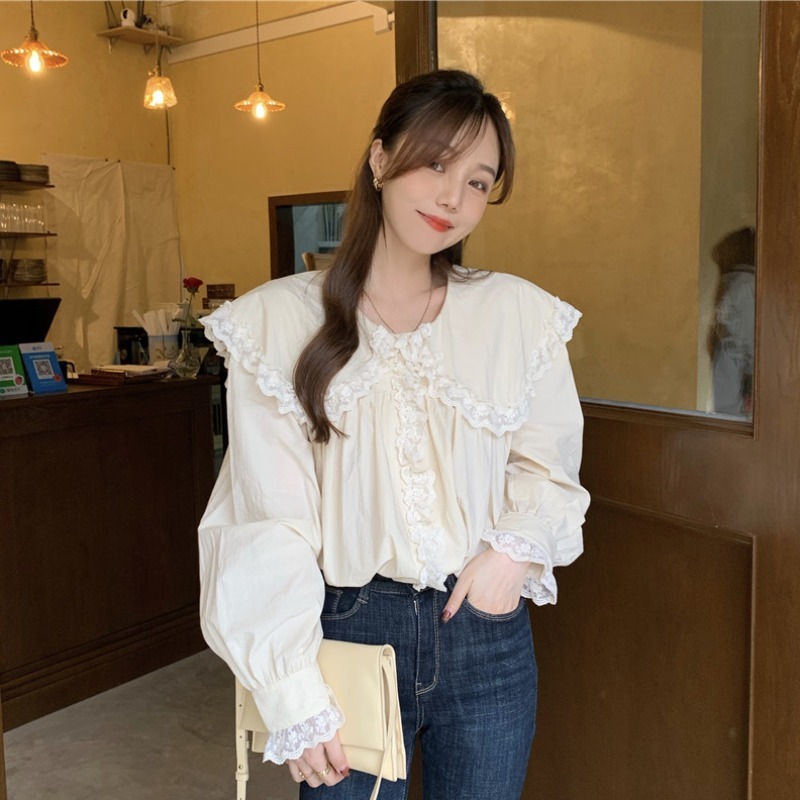 Nomikuma Women Doll Shirt Korean Sweet Lace Patchwork Peter Pan Collar Blouse Autumn Long Sleeve Causal Blusas Mujer 6D349 210427