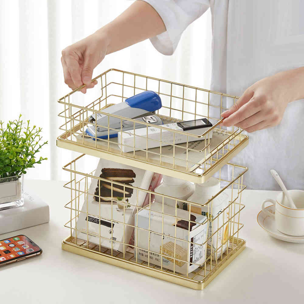 Wrought Iron Gold Storage Basket Office Desk Sundries Makeup Brushes Pen Holder Table Cosmetic Organizer Net Basket