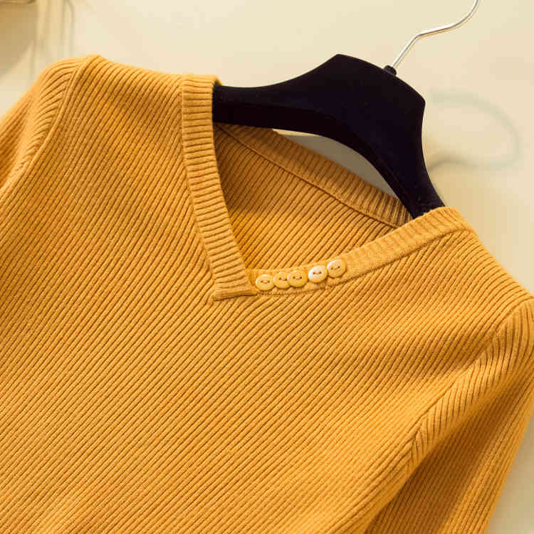fashion women Shirt fall core yarn sweater pullovers office lady slim elegant Solid V-neck Button decoration sweater 7251 50 210518