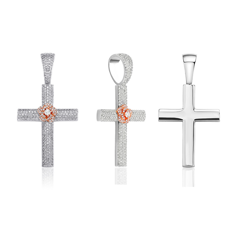 Hip Hop Rose Cross Pendant Necklace Shining Bling Zirconia For Men Women Gift with Twisted Rope Chain