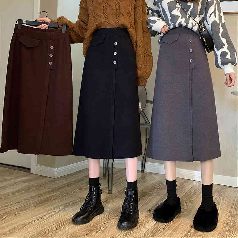 Nomikuma Autumn Winter Women Knitted Skirts Korean High Waist Elegant Sweater Skirt Causal A-line Midi Faldas Mujer 6D344 210427