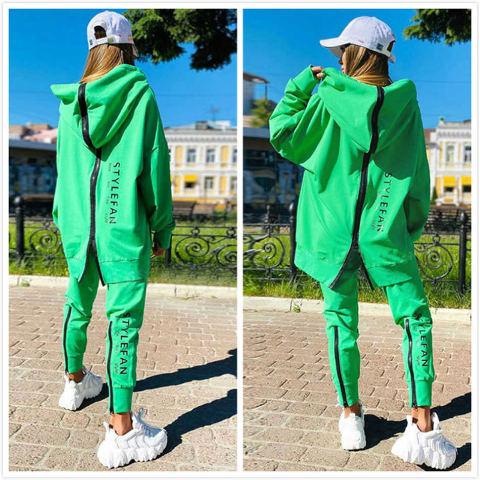 Casual zipper Letter Hoodie Sweater Set Women's Pullover Sweater & Pants 2-piece Loose Sportswear Set Winter 211007
