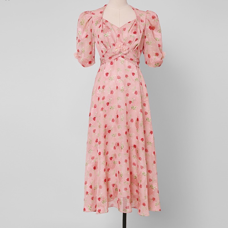 Summer Women Long Vintage Chiffon Floral Dress Runway Elegant Boho Retro Casual High Waist Slim Vacation Dresses Robe 210519