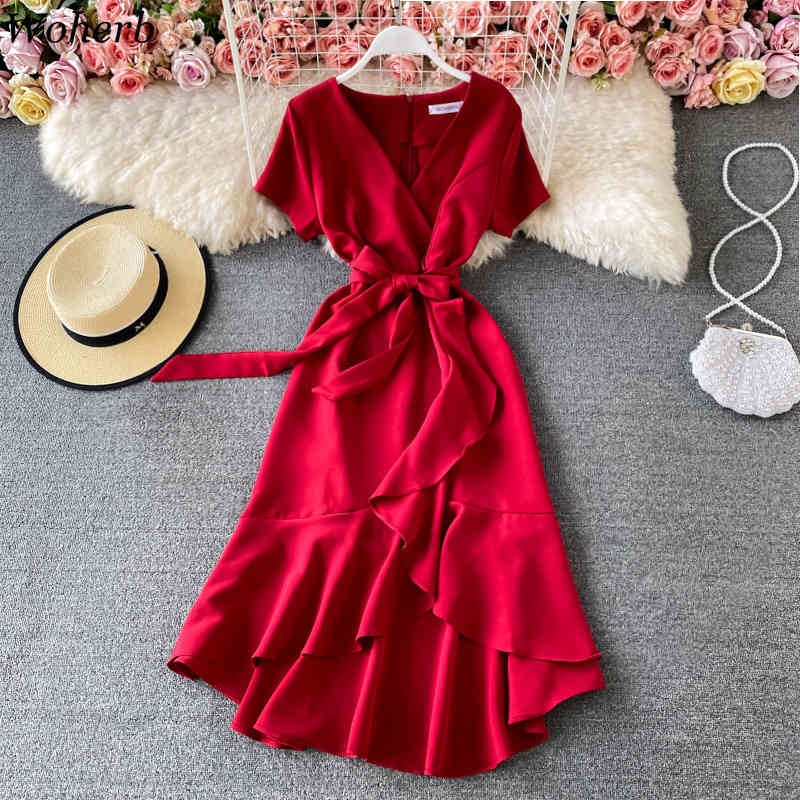 Summer Woman Dress Elegant Temperament Vestidos V-neck Slim Waist Robe Irregular Lace Up Ruffles Dresses Female 210422