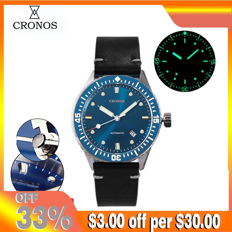 Wristwatches Cronos Sea Diver Men Watch C3 Luminous Convex Nail Automatic NH35 200M Water Resistant Rotating Ceramic Bezel Leather Band, Blue dial ss
Wristwatches Cronos Sea Diver Men Watch C3 Luminous Convex Nail Automatic NH35 200M Water Resistant Rotating Ceramic Bezel Leather Band, Blue dial ss