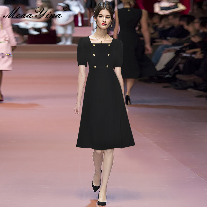 Summer Runway Elegant Party Dress Women Casual Square collar High waist Black/Red Short sleeve A-Line Midi 210524