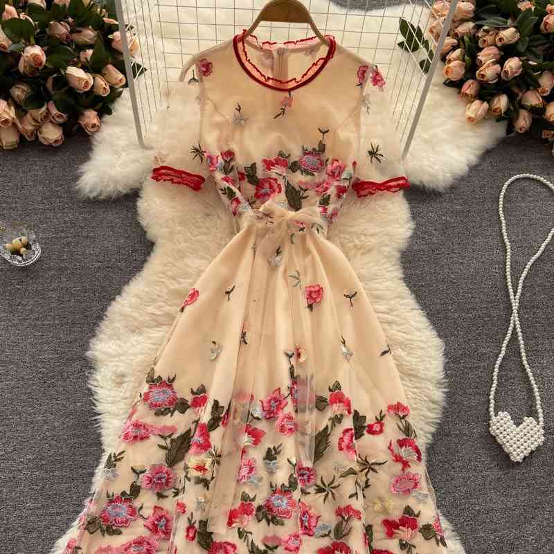 Comelsexy Fashion Summer Dress Women's Mesh Embroidery Flowers Vintage Elegant Temperament Dresses Vestidos 210515
