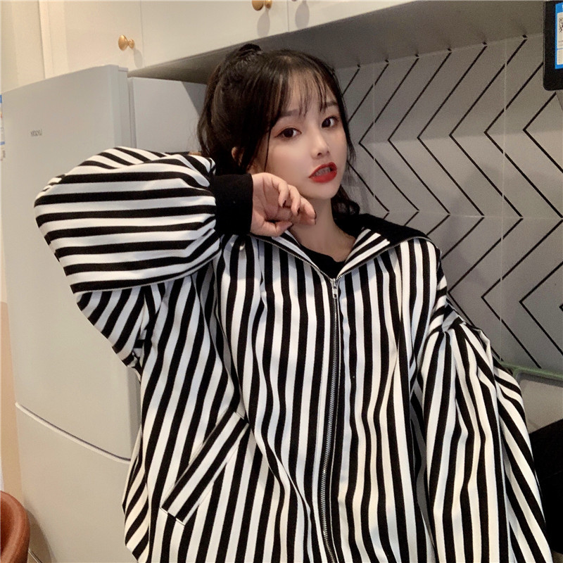 Nomikuma Autumn Winter Korean Causal Striped Women Jakcet Long Sleeve Zipper Turn-down Collar Coat New Femme Outwear 6C773 210427