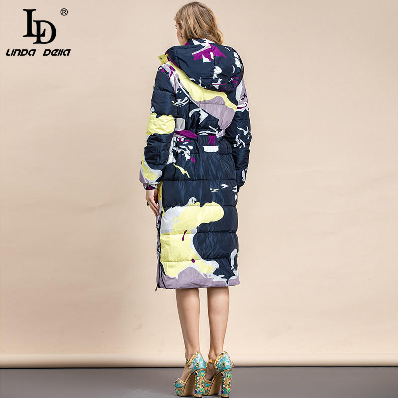 Spring Runway Long Hooded Down Coat Women Turtleneck Belt Vintage Print Warm Duck Jacket Overcoat 210522