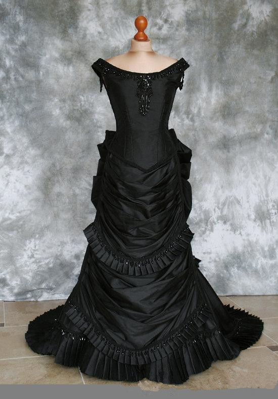 Vampire Ball Masquerade Halloween Black Wedding Dress Taffeta Beaded Gothic Victorian Bustle Bridal Gowns 2022 Vintage Steampunk 19th A Line Long Brid