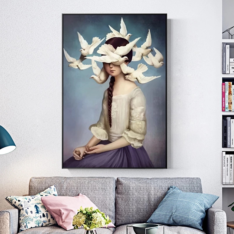 Modern Peace Dove Sky Holy Face Canvas Painting Pictures For living room Girls Room Art Pictures Wall Art Canvas Pigeon Home HD