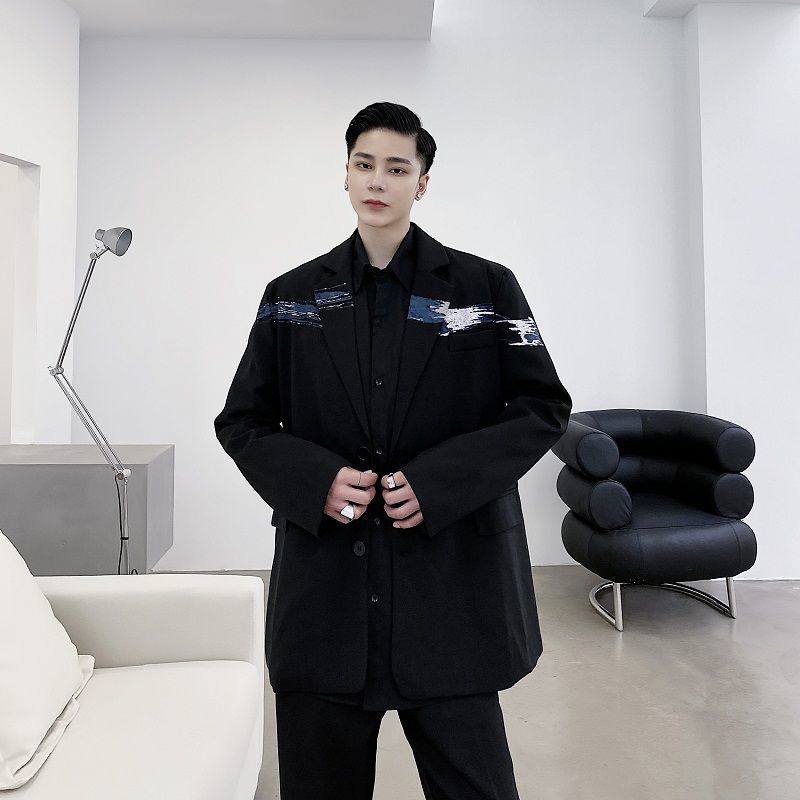 IEFB /men's wear autumn winter print big size black blazers fashion single breasted all-match loose suit for male 9Y4050 210524