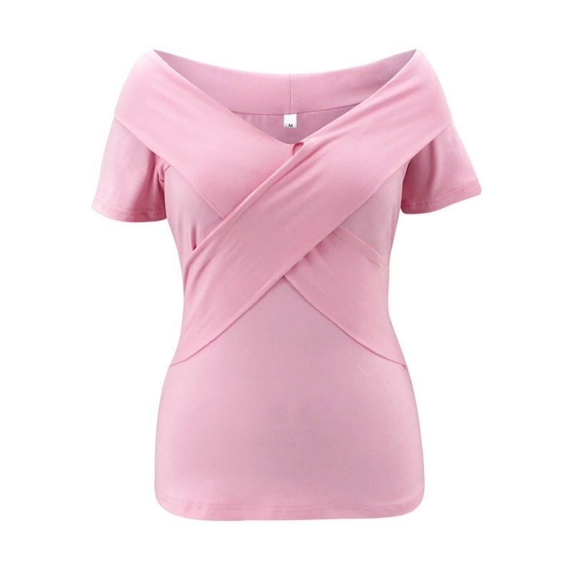 Sexy Slim T Shirt Women Summer Casual V-Neck Cross Patchwork Short Sleeve Female Tshirt Solid Streetwear Pullover Tops 210522