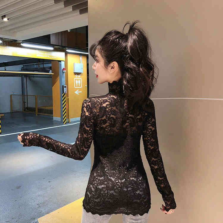 Womens Tops And Blouses Sexy Turtleneck Lace Shirt Women Camisas Mujer Ladies Tops Long Sleeve Black White Blouse Women 210515