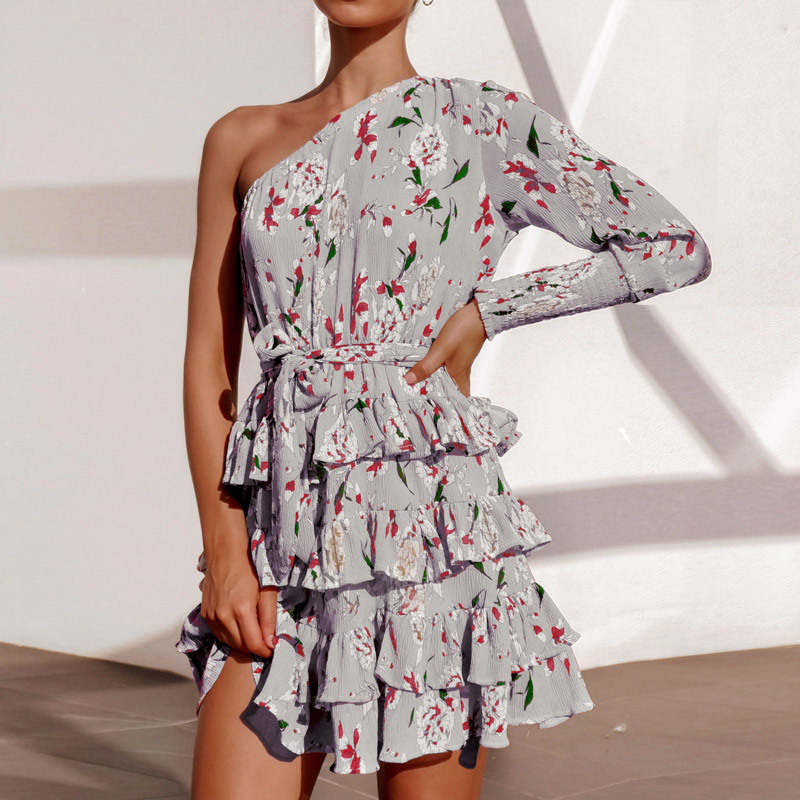 Summer Boho Beach Dress Women Long Sleeve One Shoulder Floral Print Chiffon Party Elegant Ruffles Sexy Mini Robe Ete 210515