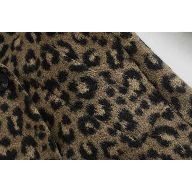 Winter Coffee Animal Leopard Pattern Elegant Woolen Blends Coat Notched Collar Long Sleeve Mid OL Blazer Outerwear 210429