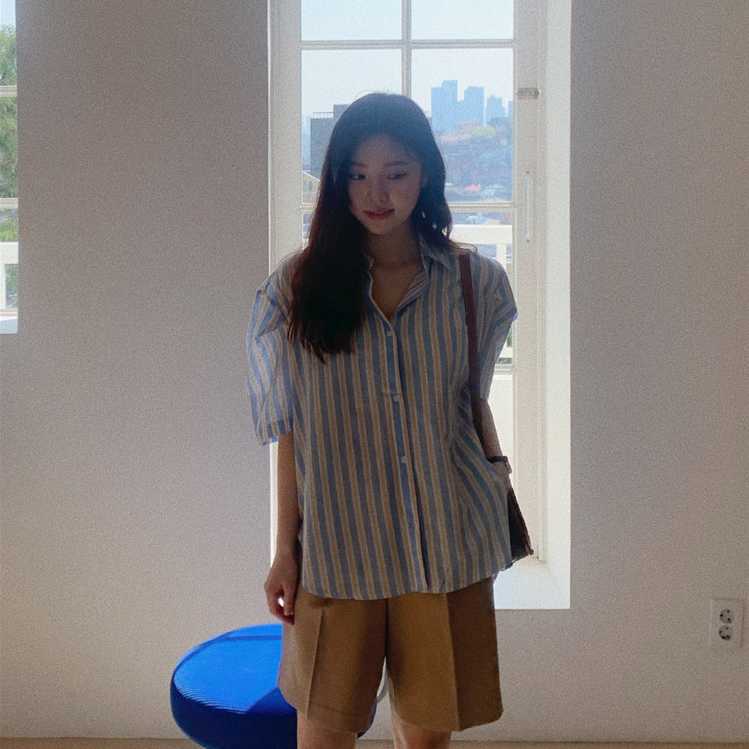 Korejpaa Women Shirt Summer Korean Chic Sweet Fresh Blue Striped Lapel Single-Breasted Loose Casual Puff Sleeve Blouses 210526