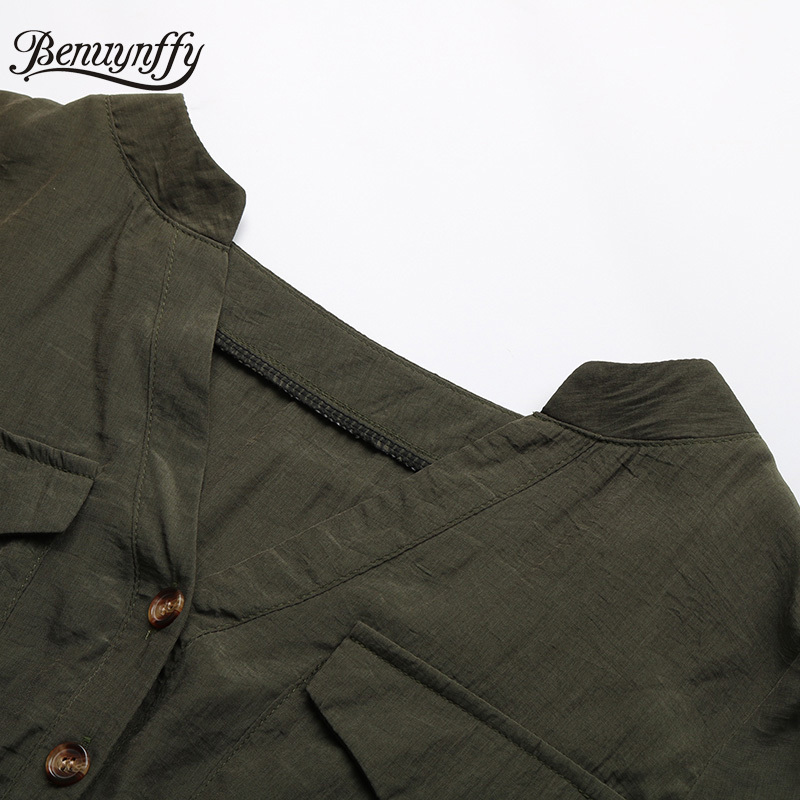 Notch Neck Solid Drawstring Waist Shirts Women Fashion Summer Casual Pocket Half Sleeve Button up Shirt Tops 210510