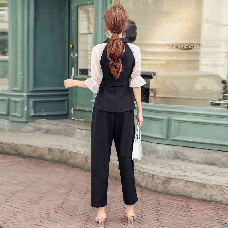 Autumn pant suits Women OL temperament Turn-Down Collar Double breasted Coat + High waist straight pants two-piece women 210520