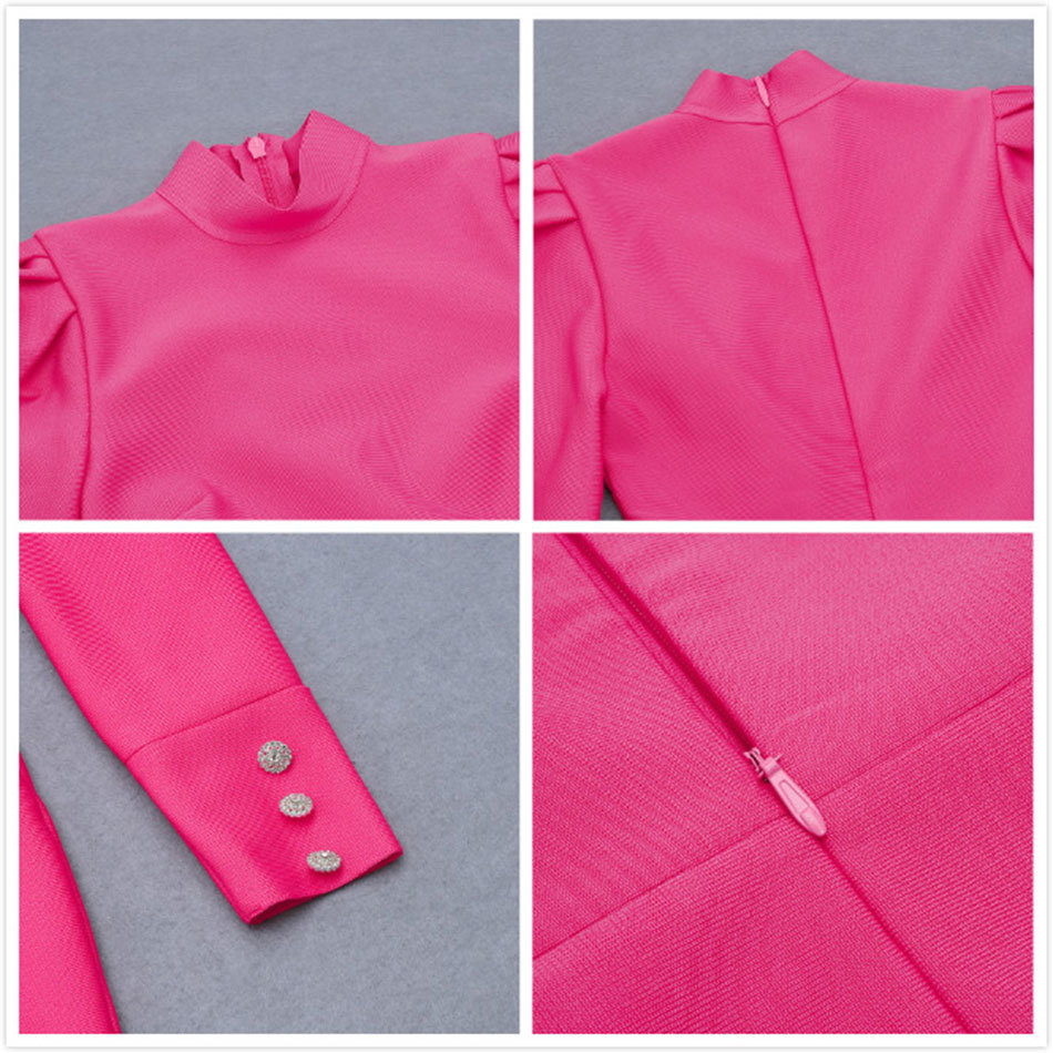 Free Women Bandage Dress Elegant High Neck Bubble Long Sleeve Bodycon Mini Celebrity Club Party es 210524