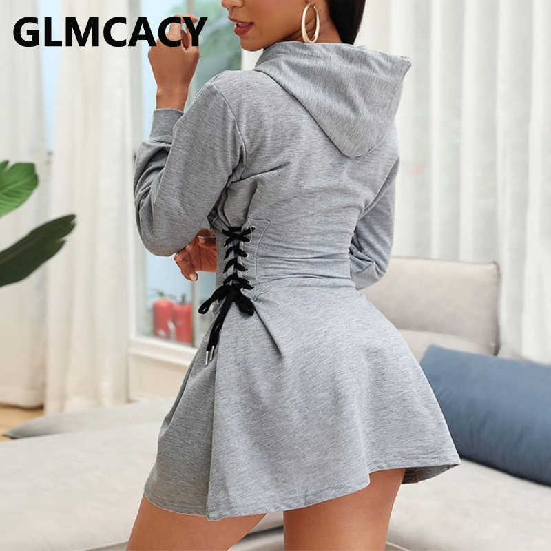 Women Casual Solid Hooded Dress Lace Up Waist Side Corset Dress 210702