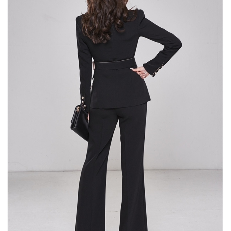 High Quality Spring Women Elegant Business Office OL Double breasted Hit Color Blazer Coat + Waist Flare Pants Suit 210519