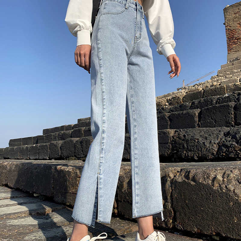 Korean High Waist Straight Jean Plus Size Vintage Boyfriend Mom Split Denim Pants Wide Leg Streetwear 210809