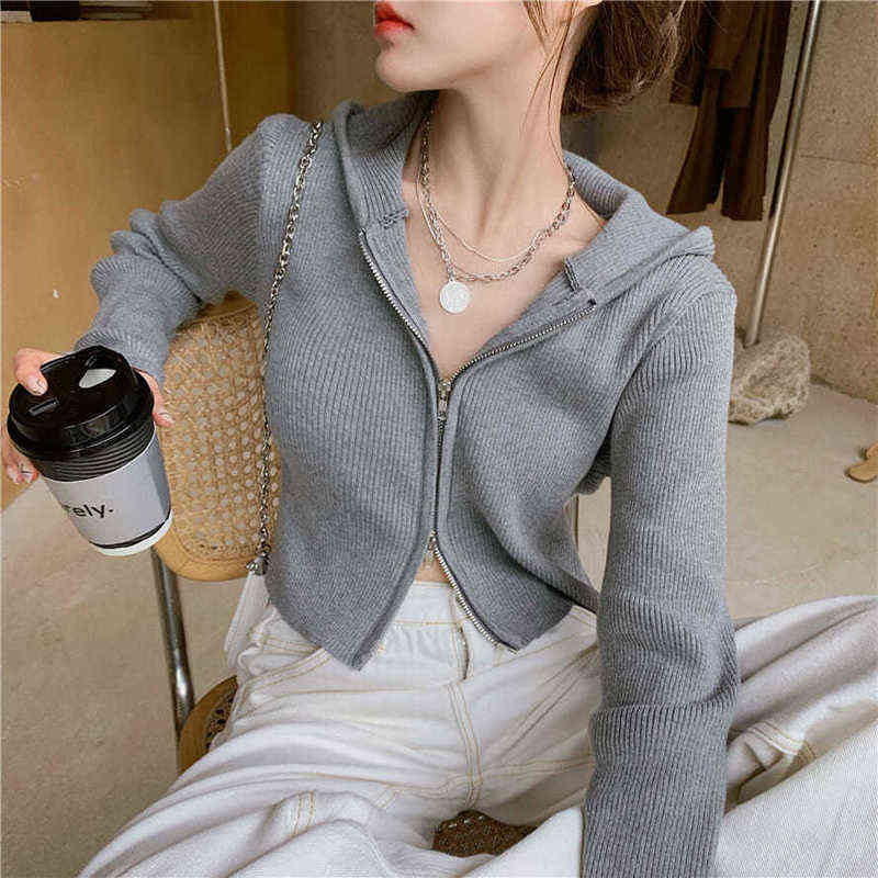 Rimocy Autumn Zip-up Cardigans Women Casual Slim Fit Knitted Hoddied Crop Cardigan Woman Korean Solid Color Sweaters Ladies 211117