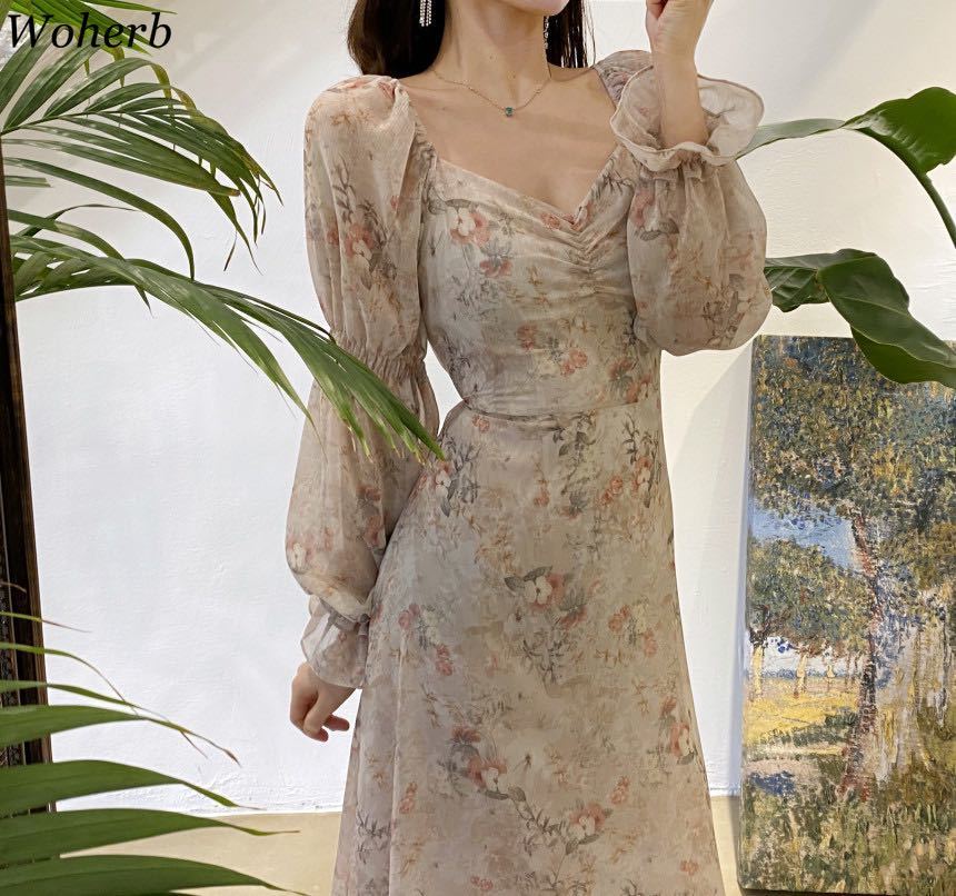 Korean Sweet Romantic Floral Print Dresses Chiffon Puff Sleeve V-neck Chic Vestidos Vintage Elegant Pleated Dress 25535 210422