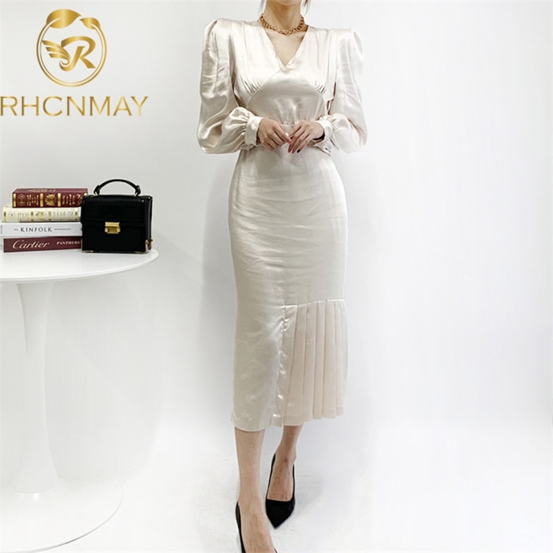 Minimalist Slim Waist Lace Up Wrap Hip Black Puff Sleeve V-neck Pleated Silk Dress Office Lady Temperament Solid Vestido Gentle 210506